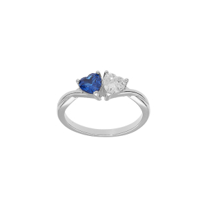BAGUE ARGENT RHODIÉ DOUBLE COEUR OXYDE BLEU FONCÉ  ET BLANC