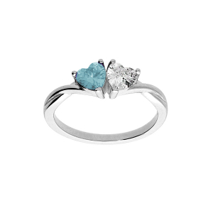 BAGUE ARGENT RHODIÉ DOUBLE COEUR OXYDE BLEU CIEL ET BLANC