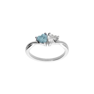 BAGUE ARGENT RHODIÉ DOUBLE COEUR OXYDE BLEU CIEL ET BLANC
