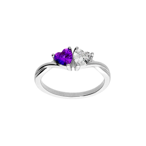 BAGUE ARGENT RHODIÉ DOUBLE COEUR OXYDE VIOLET ET BLANC