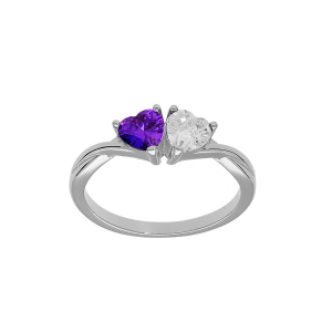 BAGUE ARGENT RHODIÉ DOUBLE COEUR OXYDE VIOLET ET BLANC