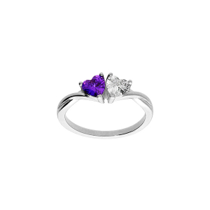 BAGUE ARGENT RHODIÉ DOUBLE COEUR OXYDE VIOLET ET BLANC