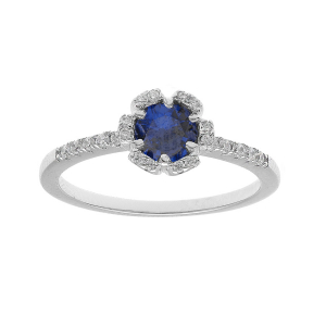 BAGUE ARGENT RHODIÉ FLEUR OXYDES BLEU FONCÉ ET BLANCS SERTIS