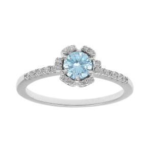 BAGUE ARGENT RHODIÉ FLEUR OXYDES BLEU CLAIR ET BLANCS SERTIS