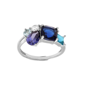BAGUE ARGENT RHODIÉ 5 OXYDES BLEUS ET BLANC SERTIS