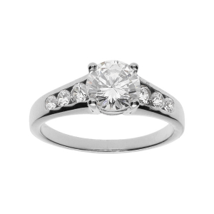 BAGUE ARGENT PLATINÉ RAIL OXYDES BLANCS ET 1 CENTRAL 4 GRIFFES