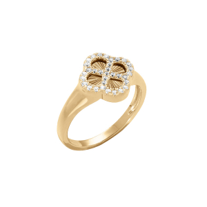 BAGUE ARGENT DORÉ TREFLE SUR FOND DIAMANTÉ CONTOUR OXYDES BLANCS