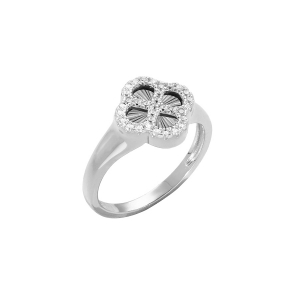 BAGUE ARGENT RHODIÉ TREFLE SUR FOND DIAMANTÉ CONTOUR OXYDES BLANCS