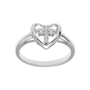 BAGUE ARGENT RHODIÉ COEUR AVEC CROIX OXYDES BLANCS SERTIS 9 X 10MM