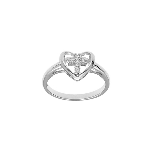 BAGUE ARGENT RHODIÉ COEUR AVEC CROIX OXYDES BLANCS SERTIS 9 X 10MM