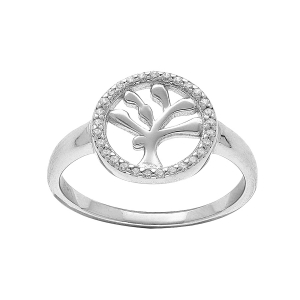 BAGUE ARGENT RHODIÉ ARBRE DE VIE CONTOUR OXYDES BLANCS SERTIS