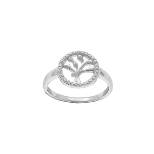 BAGUE ARGENT RHODIÉ ARBRE DE VIE CONTOUR OXYDES BLANCS SERTIS