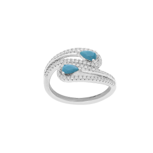 BAGUE ARGENT RHODIÉ DOUBLE GOUTTE 2 TURQUOISES IMITATION ET OXYDES BLANCS SERTIS