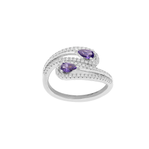 BAGUE ARGENT RHODIÉ DOUBLE GOUTTE 2 OXYDES VIOLETS ET OXYDES BLANCS SERTIS