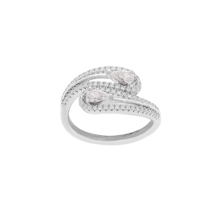 BAGUE ARGENT RHODIÉ DOUBLE GOUTTE 2 OXYDES BLANCS ET CONTOUR OXYDES BLANCS SERTIS