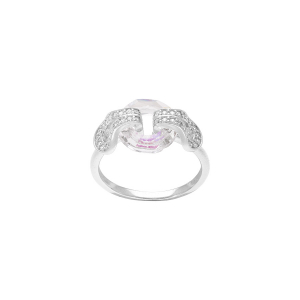 BAGUE ARGENT RHODIÉ CERCLE VERRE FACETÉ BLANC ET VOLUTE OXYDES BLANCS SERTIS