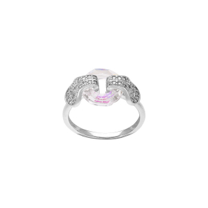 BAGUE ARGENT RHODIÉ CERCLE VERRE FACETÉ BLANC ET VOLUTE OXYDES BLANCS SERTIS