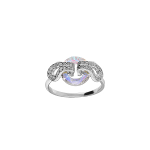 BAGUE ARGENT RHODIÉ CERCLE VERRE FACETÉ BLANC ET VOLUTE OXYDES BLANCS SERTIS