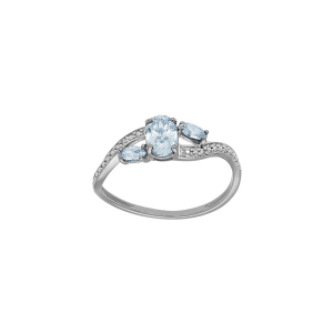 BAGUE ARGENT PLATINÉ CROISÉ OXYDES BLEU CIEL ET BLANCS SERTIS