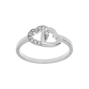 BAGUE ARGENT PLATINÉ DOUBLE COEURS OXYDES BLANCS SERTIS