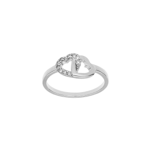BAGUE ARGENT PLATINÉ DOUBLE COEURS OXYDES BLANCS SERTIS