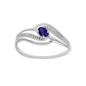 BAGUE ARGENT PLATINÉ VOLUTE OXYDES BLEU FONCÉ ET BLANCS SERTIS