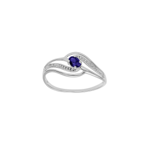 BAGUE ARGENT PLATINÉ VOLUTE OXYDES BLEU FONCÉ ET BLANCS SERTIS