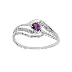 BAGUE ARGENT PLATINÉ VOLUTE OXYDES VIOLET ET BLANCS SERTIS