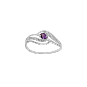 BAGUE ARGENT PLATINÉ VOLUTE OXYDES VIOLET ET BLANCS SERTIS