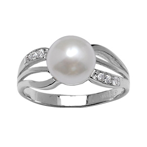 BAGUE ARGENT RHODIÉ  PERLE IMITATION CREME ET OXYDES BLANCS