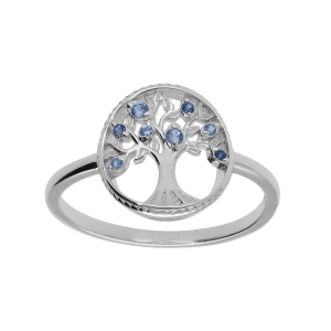 BAGUE ARGENT RHODIÉ ARBRE DE VIE CONTOUR PERLÉ AVEC OXYDES DEGRADÉ BLEU