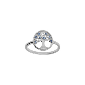 BAGUE ARGENT RHODIÉ ARBRE DE VIE CONTOUR PERLÉ AVEC OXYDES DEGRADÉ BLEU