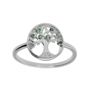 BAGUE ARGENT RHODIÉ ARBRE DE VIE CONTOUR PERLÉ AVEC OXYDES DEGRADÉ VERT