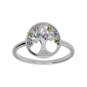 BAGUE ARGENT RHODIÉ ARBRE DE VIE CONTOUR PERLÉ AVEC OXYDES MULTICOLORE