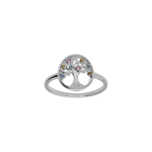 BAGUE ARGENT RHODIÉ ARBRE DE VIE CONTOUR PERLÉ AVEC OXYDES MULTICOLORE