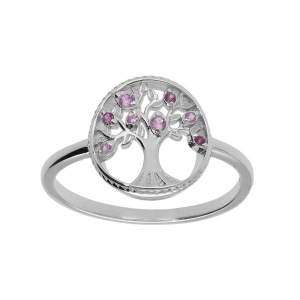 BAGUE ARGENT RHODIÉ ARBRE DE VIE CONTOUR PERLÉ AVEC OXYDES ROSES