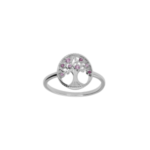BAGUE ARGENT RHODIÉ ARBRE DE VIE CONTOUR PERLÉ AVEC OXYDES ROSES