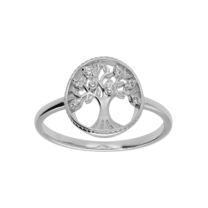 BAGUE ARGENT RHODIÉ ARBRE DE VIE CONTOUR PERLÉ AVEC OXYDES BLANCS