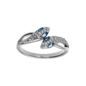 BAGUE ARGENT RHODIÉ SERPENT DOUBLE OXYDES BLANCS ET YEUX OXYDES BLEU