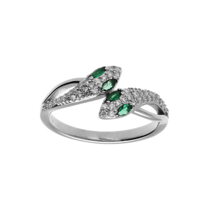 BAGUE ARGENT RHODIÉ SERPENT DOUBLE OXYDES BLANCS ET YEUX OXYDES VERTS
