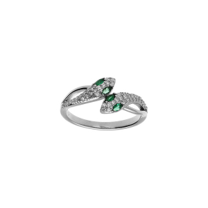 BAGUE ARGENT RHODIÉ SERPENT DOUBLE OXYDES BLANCS ET YEUX OXYDES VERTS