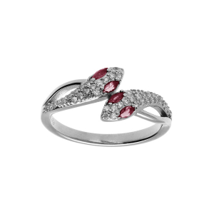 BAGUE ARGENT RHODIÉ SERPENT DOUBLE OXYDES BLANCS ET YEUX OXYDES FUSCHIA