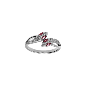 BAGUE ARGENT RHODIÉ SERPENT DOUBLE OXYDES BLANCS ET YEUX OXYDES FUSCHIA