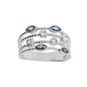 BAGUE ARGENT RHODIÉ  4 RANGS OXYDES BLANCS ET BLEUS
