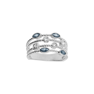 BAGUE ARGENT RHODIÉ  4 RANGS OXYDES BLANCS ET BLEUS
