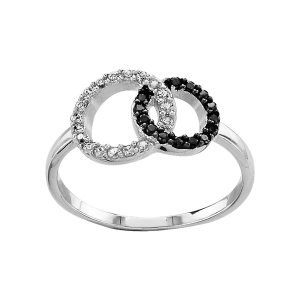BAGUE ARGENT RHODIÉ DOUBLE CERCLE ENTRELACE PIERRES BLANCHES ET NOIRES SYNTHETIQUE