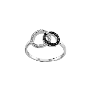 BAGUE ARGENT RHODIÉ DOUBLE CERCLE ENTRELACE PIERRES BLANCHES ET NOIRES SYNTHETIQUE