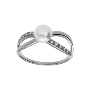 BAGUE ARGENT PLATINÉ CROISÉ PERLE DE CULTURE D'EAU DOUCE ET OXYDES BLANCS SERTIS