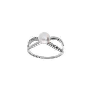BAGUE ARGENT PLATINÉ CROISÉ PERLE DE CULTURE D'EAU DOUCE ET OXYDES BLANCS SERTIS