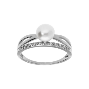 BAGUE ARGENT PLATINÉ CROISÉ PERLE DE CULTURE D'EAU DOUCE ET 1 RAIL OXYDES BLANCS SERTIS